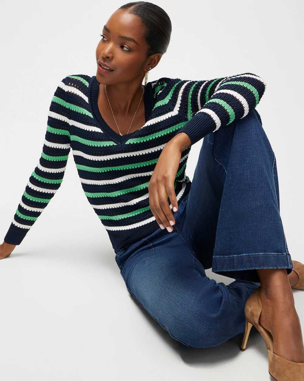 Long Sleeve Stripe V Neck Pullover Sweater White House Black Market